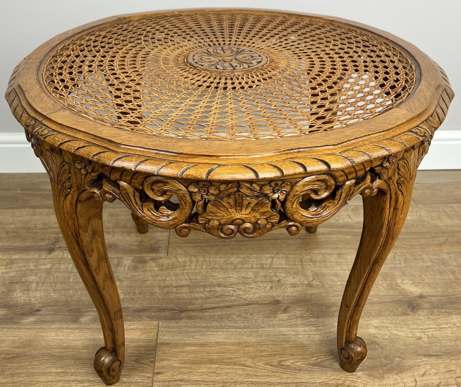 Coffee Table Vintage French Louis Style Oak Carved Cane Top Side Table LOT 48650