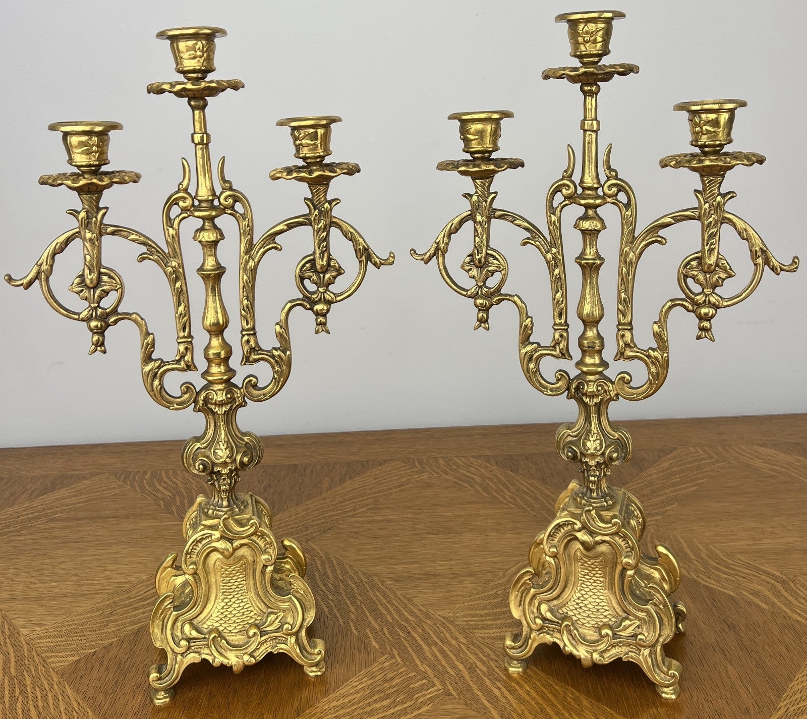 Candelabras Vintage French Brass Pair Ornate 3 Arm Candle Holders LOT 60450