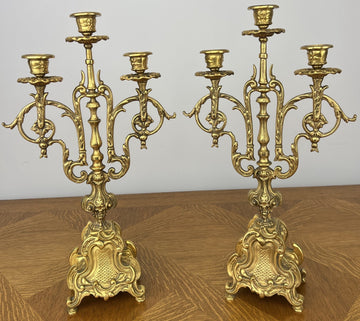 Candelabras Vintage French Brass Pair Ornate 3 Arm Candle Holders LOT 60450