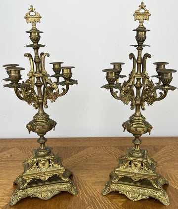 Pair of Candelabra Antique French Style Brass Five Arm Candle Holders LOT 60250