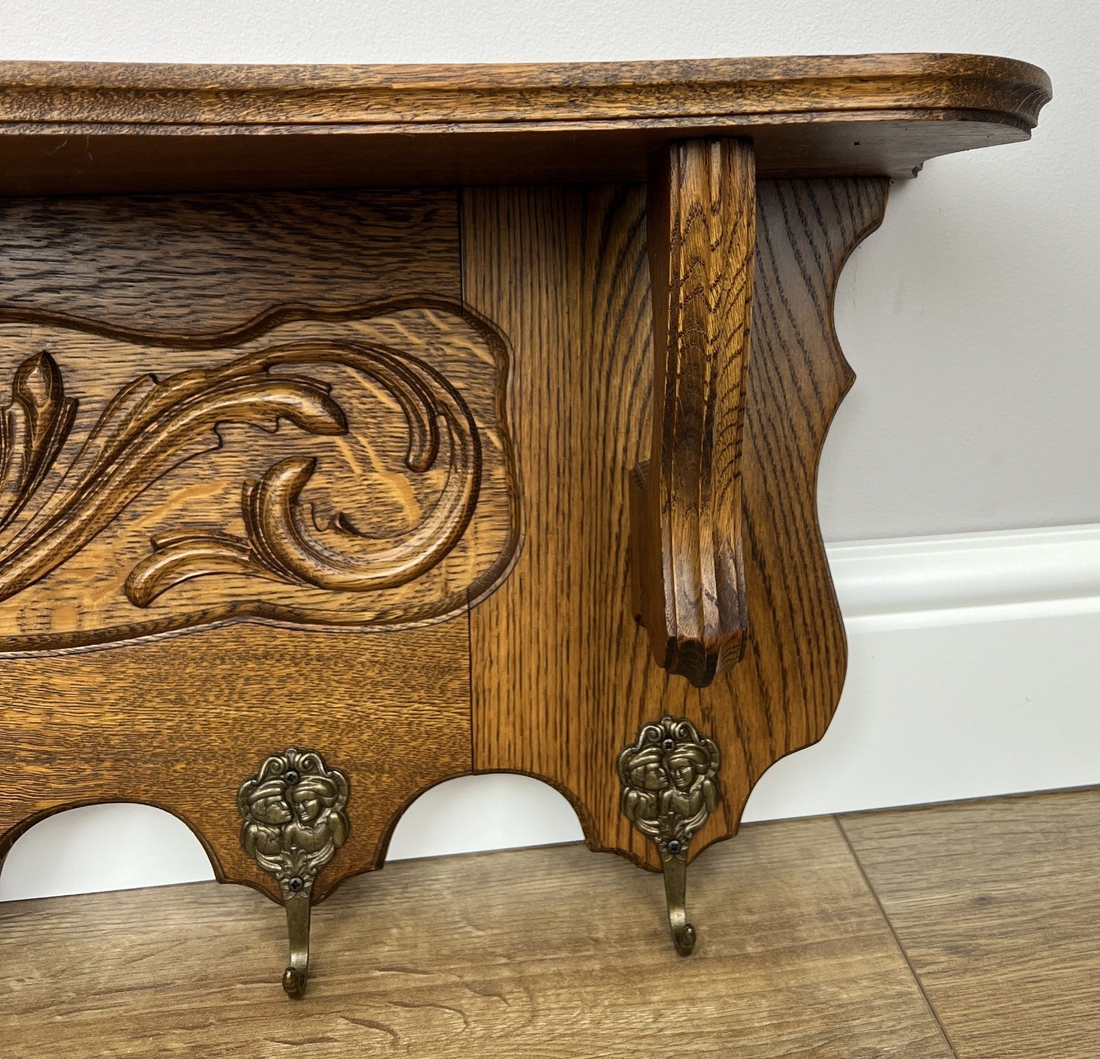 Coat Rack Vintage French Oak Wall Mounted 6 Hooks Carved Rack Hanger LOT 62028