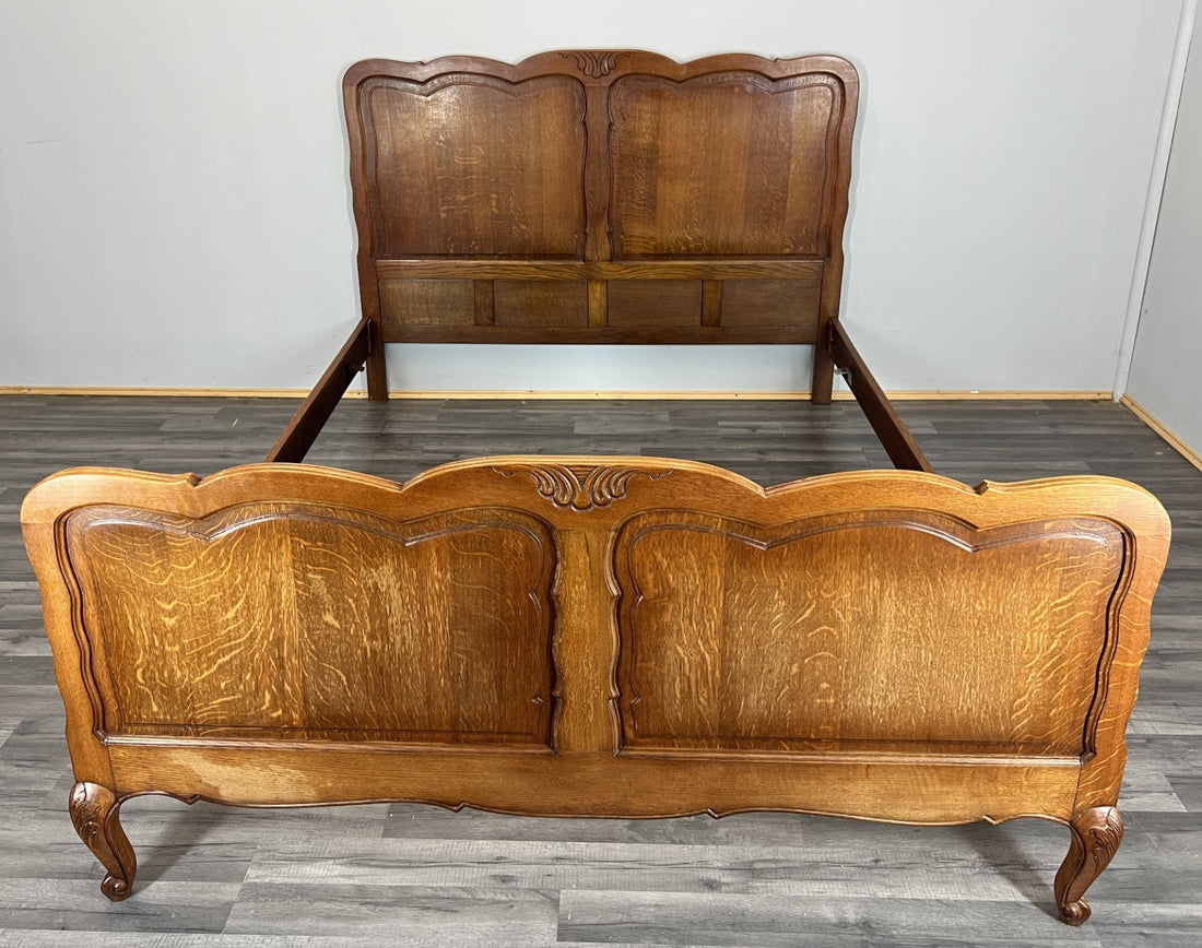 Bed Frame Vintage French Louis XVI Style Oak Double Carved Panel LOT 4087