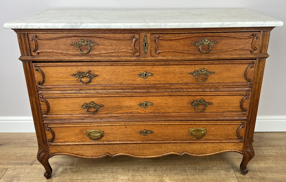 Chest of Drawers Antique French Oak Marble Top 5 Drawers Carved Cabinet LOT 62790