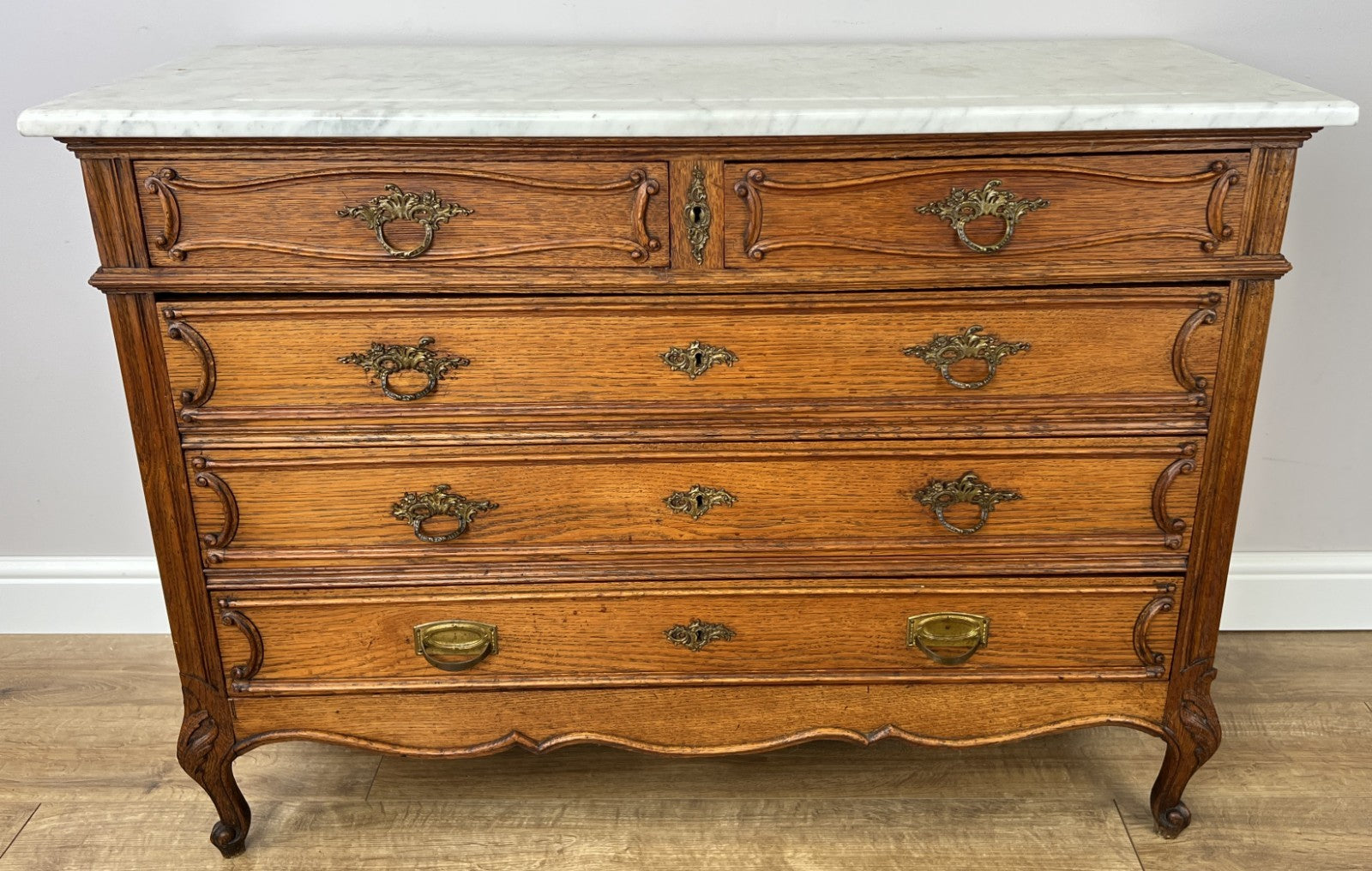 Chest of Drawers Antique French Oak Marble Top 5 Drawers Carved Cabinet LOT 62791
