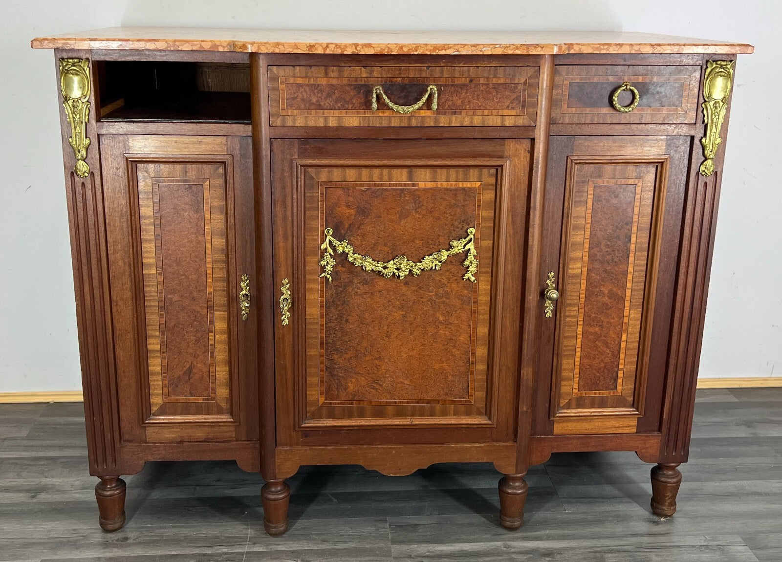 Sideboard Antique French Marble Top Inlaid Brass Detail Carved Cabinet LOT 23821