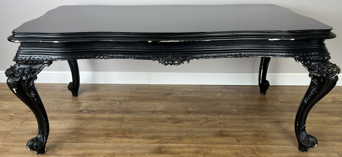 Double Sided Desk Antique French Style Black Painted Heavy Carved Table LOT 61860