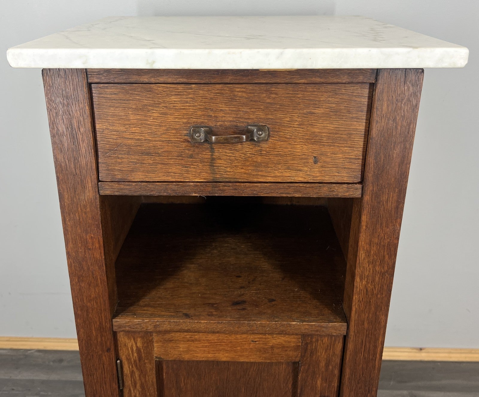 Bedside Table Antique French Style Oak with Marble Top Cabinet LOT 43395