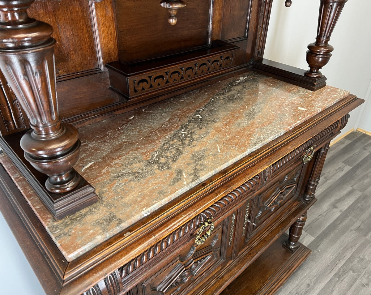 Sideboard Antique French Style Walnut Marble Display Cabinet Cupboard LOT 357612