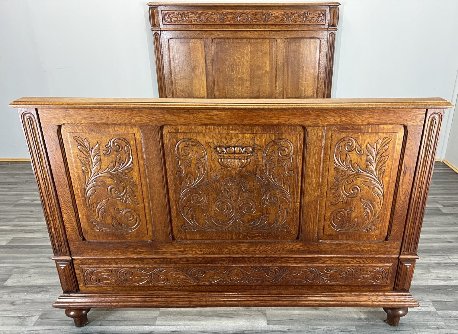 Bed Antique French Style Oak Double Bed Frame Carved Headboard LOT 47392