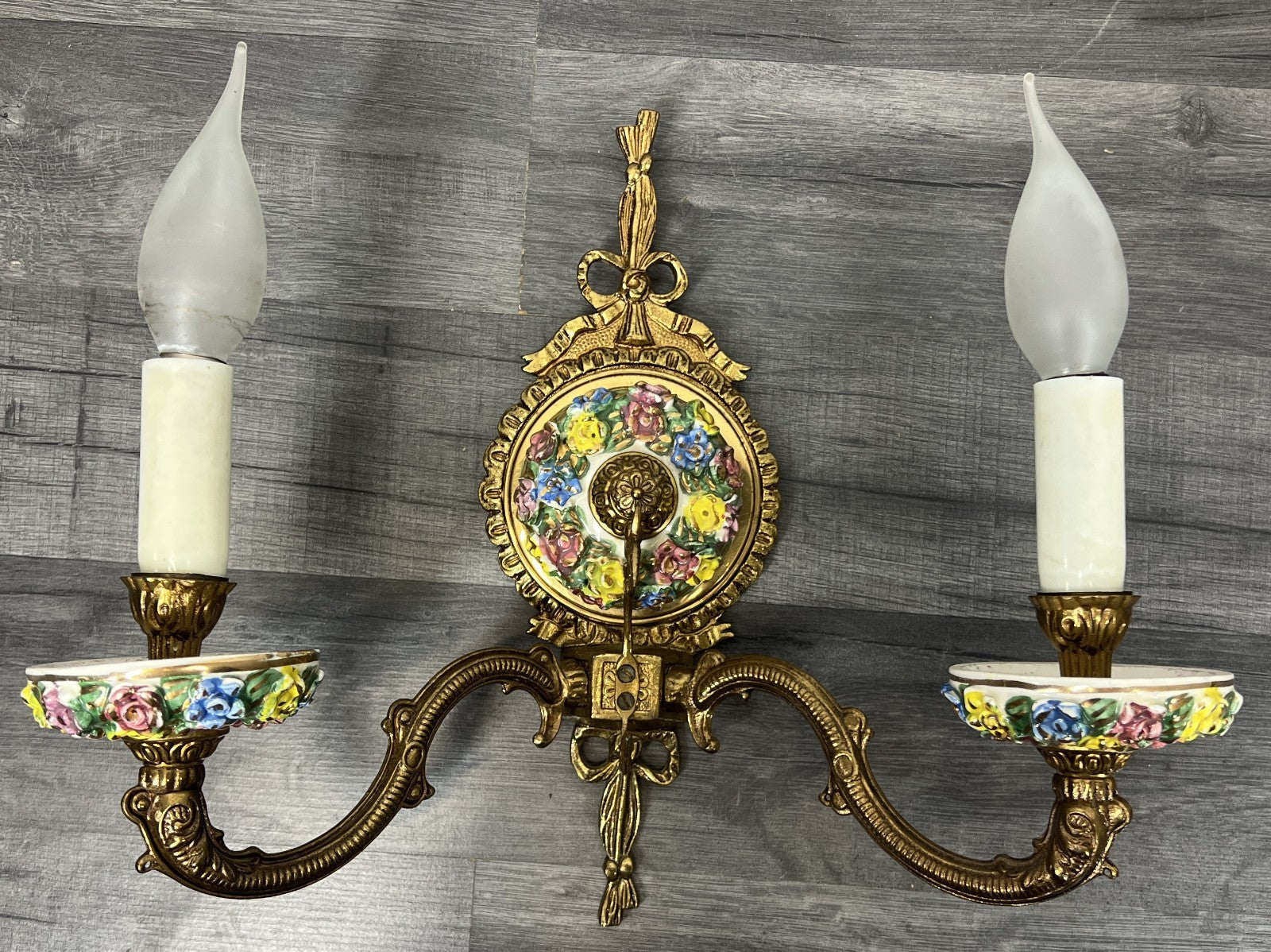 Pair of Wall Lights Vintage Spanish Porcelain Brass Floral Sconces LOT 44142