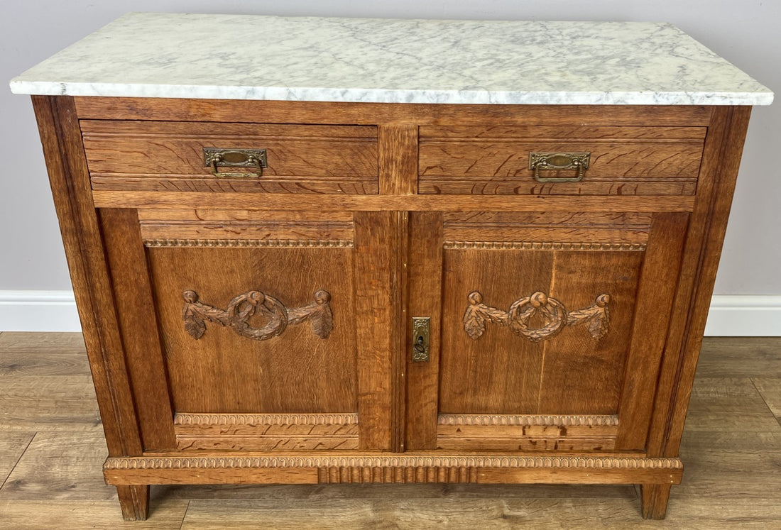 Cabinet Antique French Style Marble Top Oak Sideboard Carved Cupboard LOT 62840