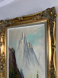 Painting Vintage Oil Landscape Mountain Deer Signed Framed Carved LOT 51139