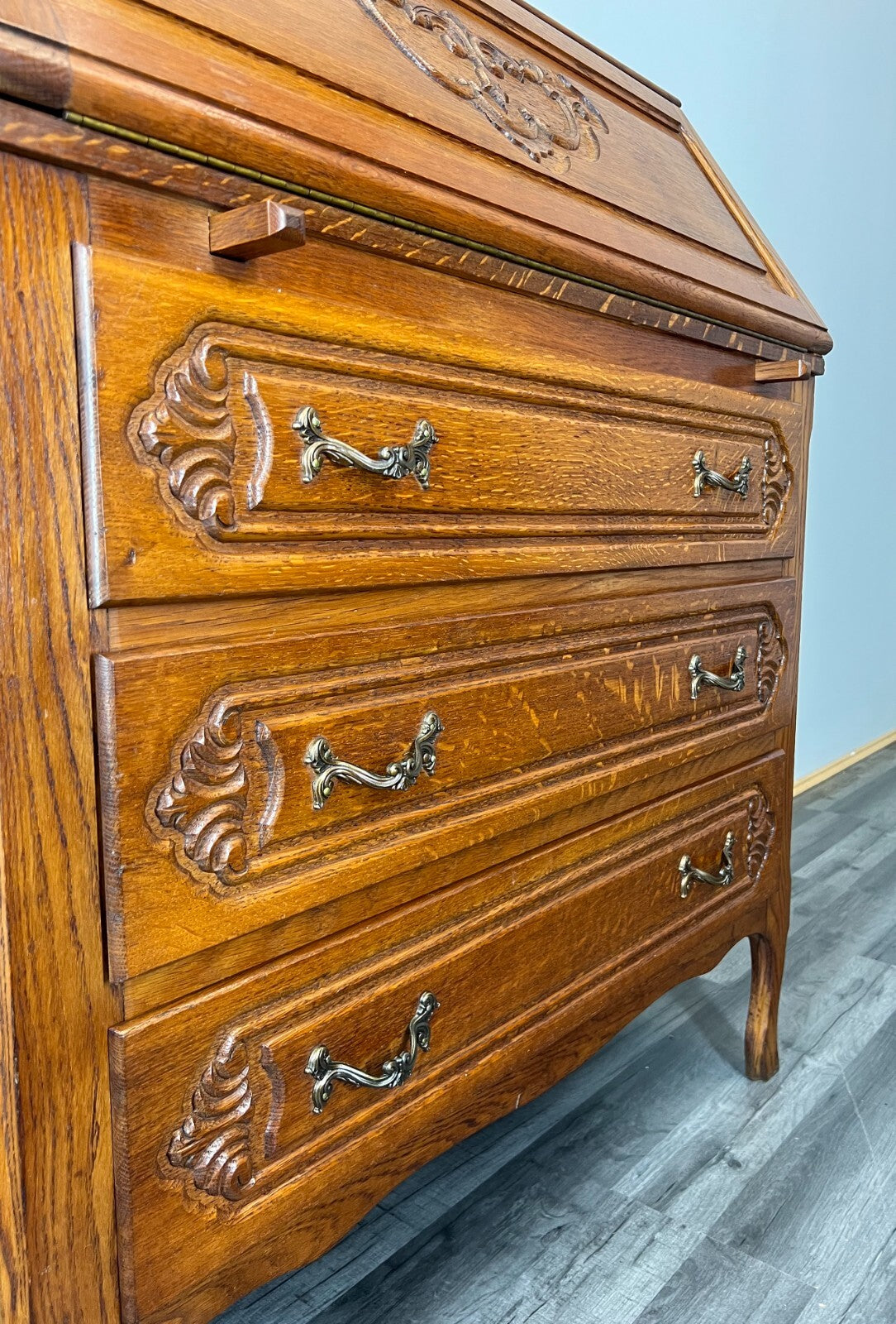 Secretaire Writing Desk Vintage French Oak Bureau Carved Cabinet LOT 37558