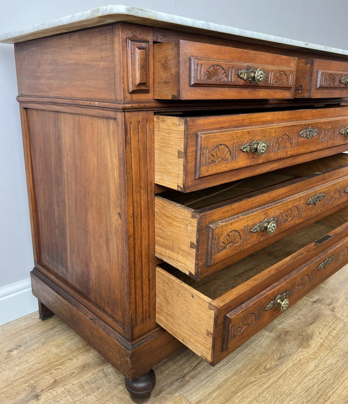 Chest of Drawers Antique French Walnut Marble Top Five Drawer Cabinet LOT 644916