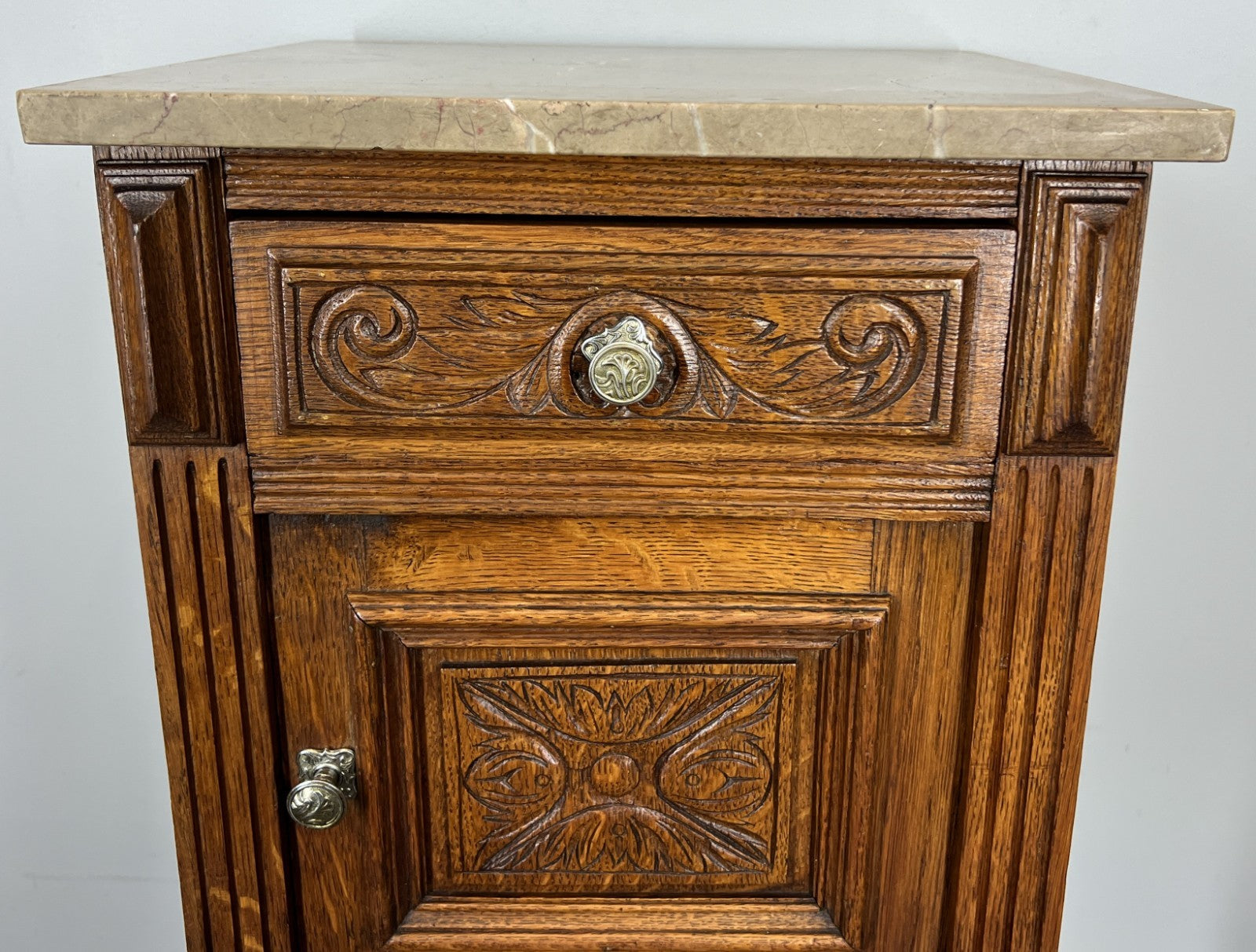 Bedside Table Antique French Oak with Marble Top Carved Cabinet LOT 43333
