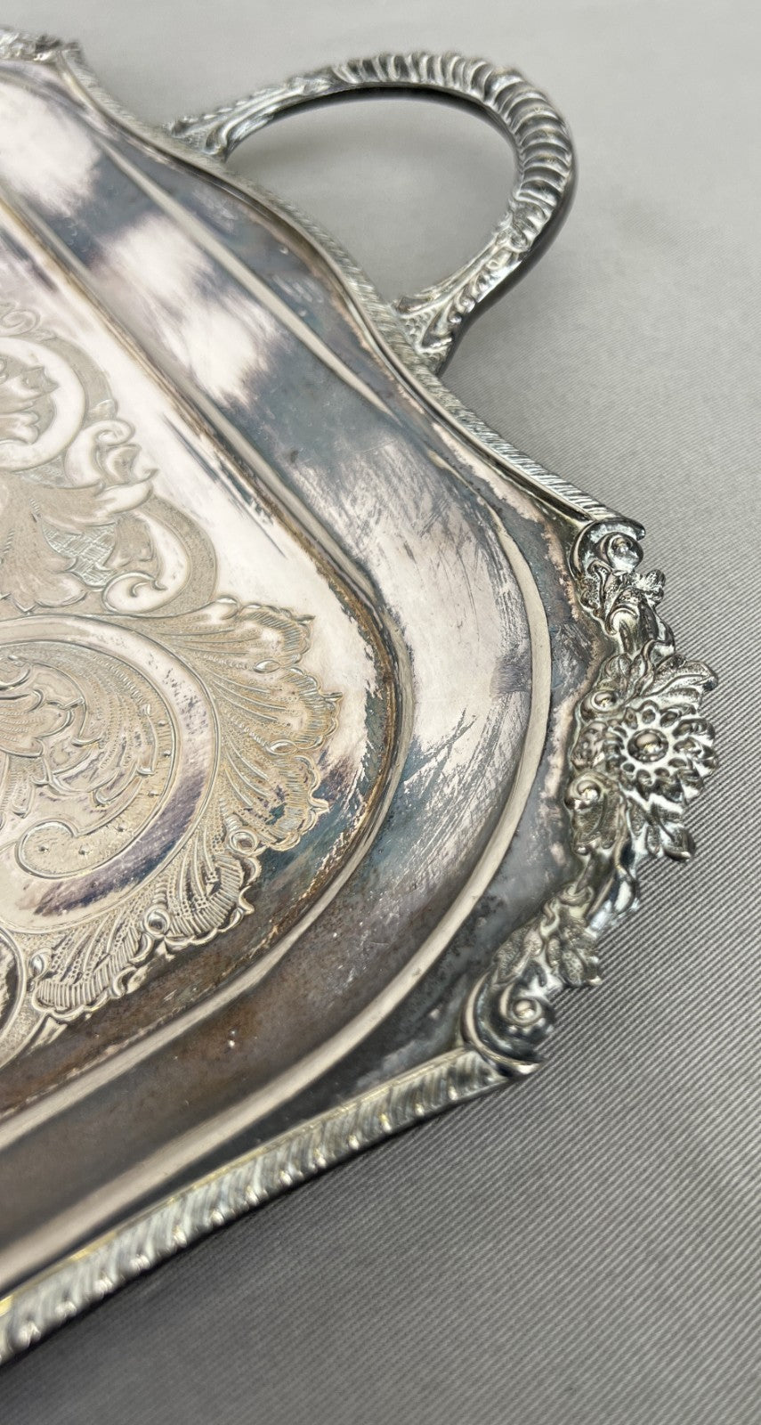 Serving Tray Vintage Metal Ornate Engraved Twin Handle English Tray LOT 6444