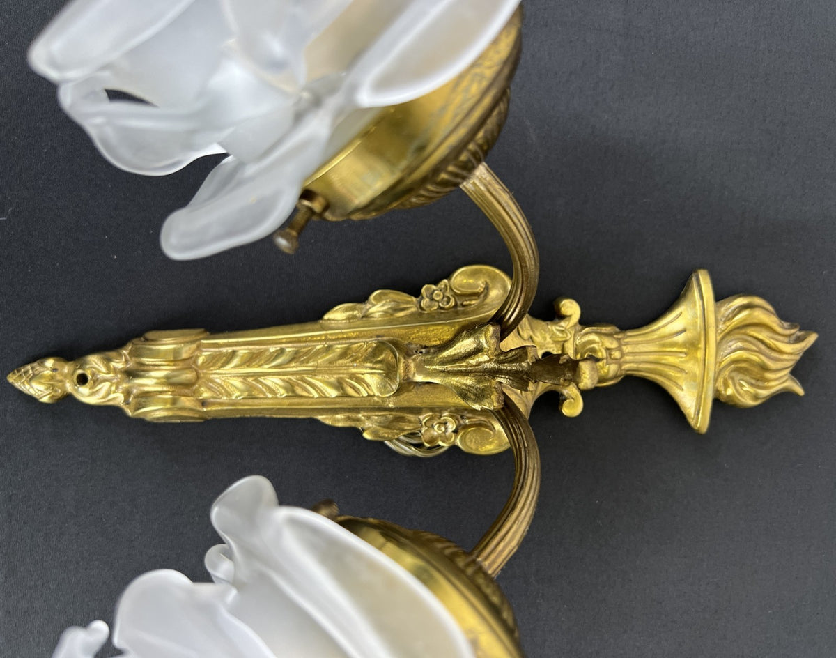 Pair of Wall Lights Vintage French Ornate Double Arm Glass Sconces LOT 6477