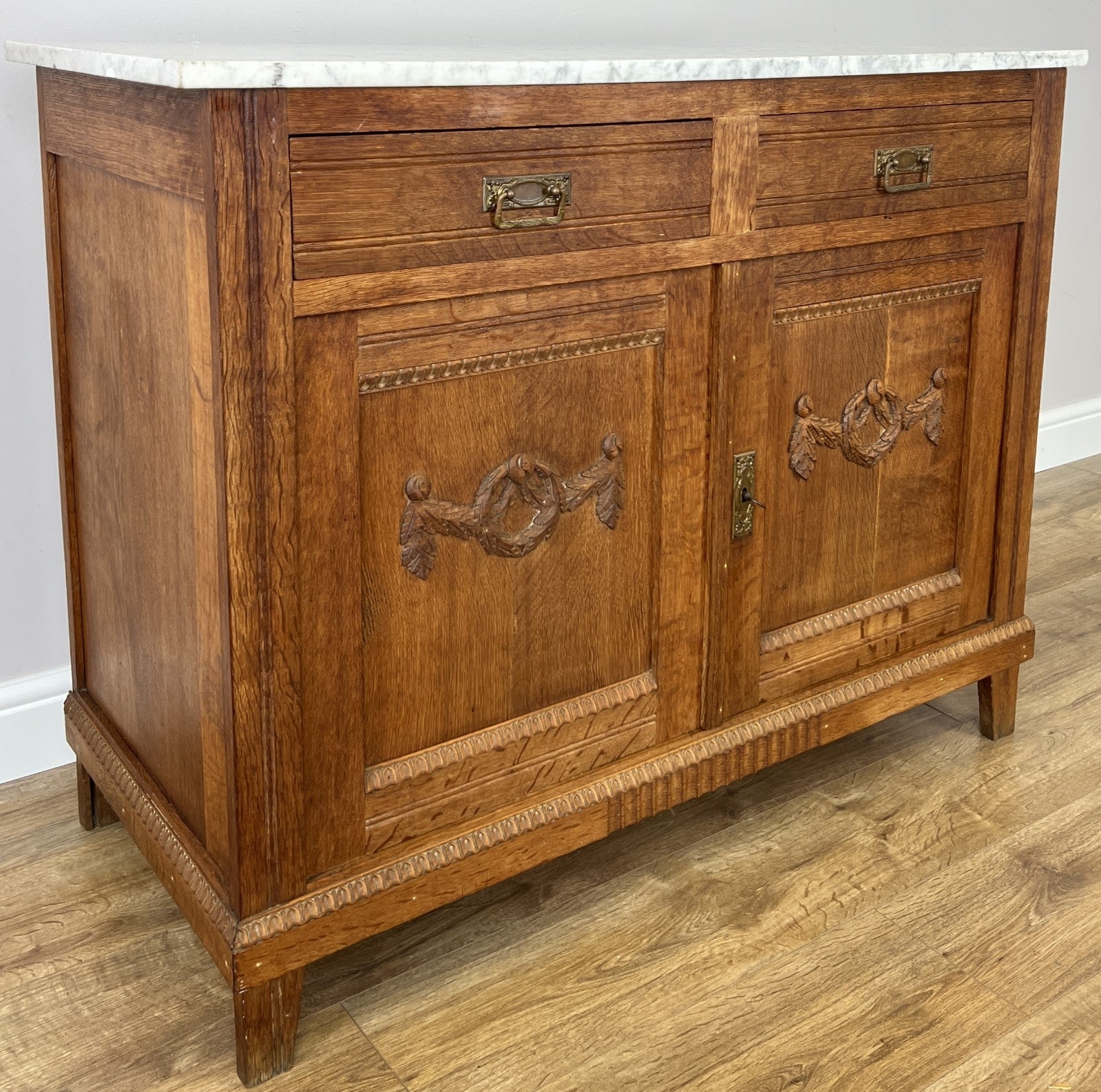 Cabinet Antique French Style Marble Top Oak Sideboard Carved Cupboard LOT 62842