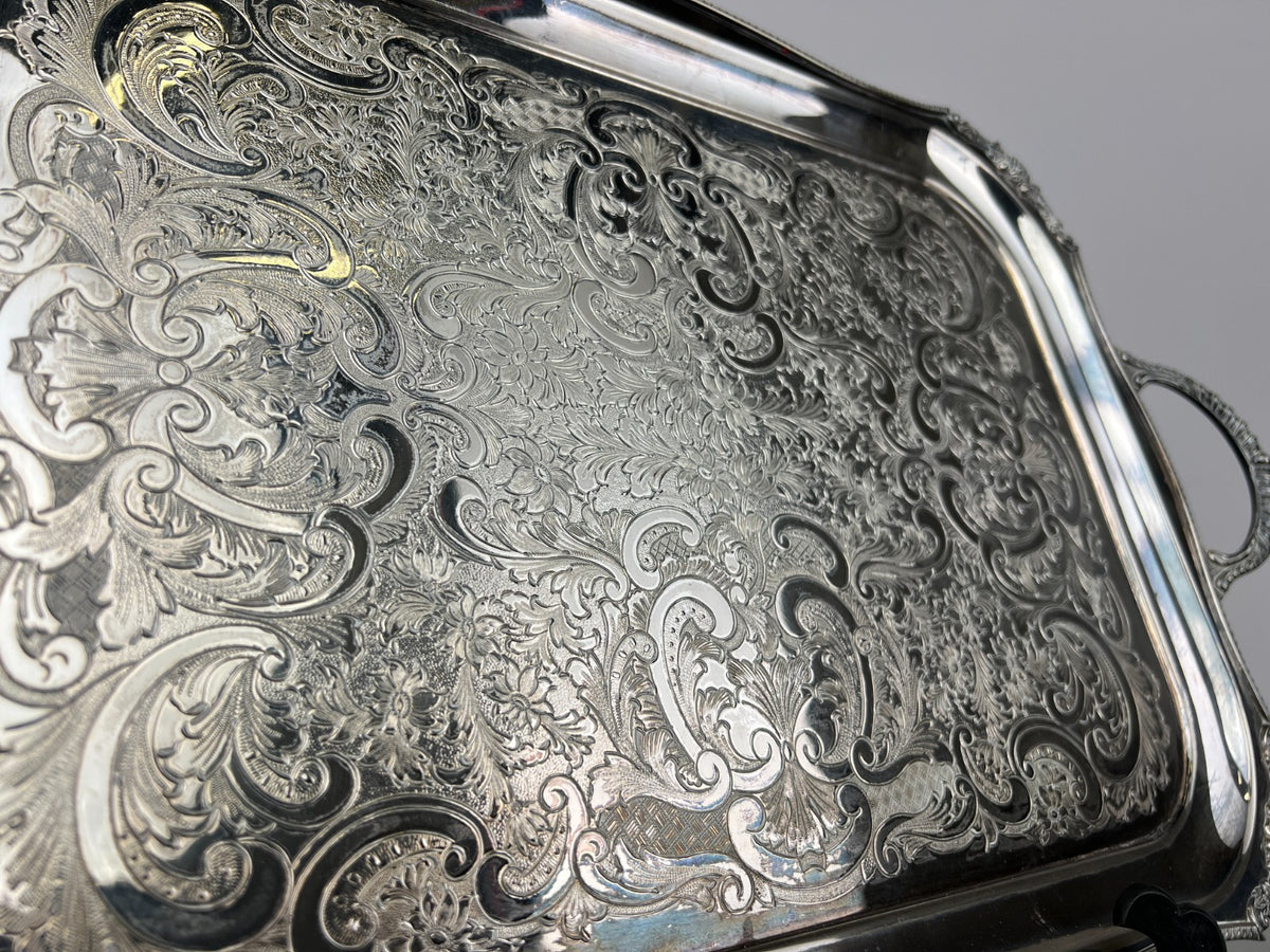 Serving Tray Vintage Metal Ornate Engraved Twin Handle English Tray LOT 6444