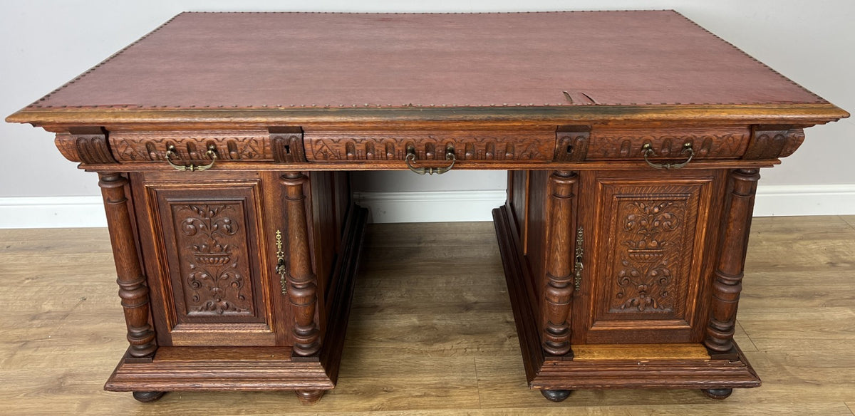 Desk Antique French Style Oak Double Sided Carved Pedestal Desk LOT 6514