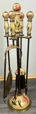 Fireplace Set Vintage French Hand Painted 5-Piece Brass Tool Stand LOT 44161