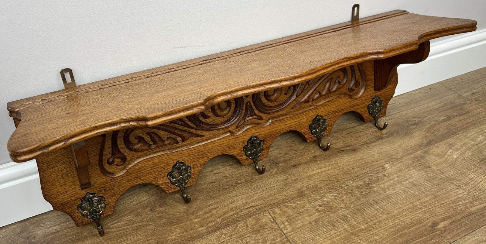 French Vintage Coat Rack Oak 5 Hooks Wall Shelf Carved Coat Hanger LOT 49618