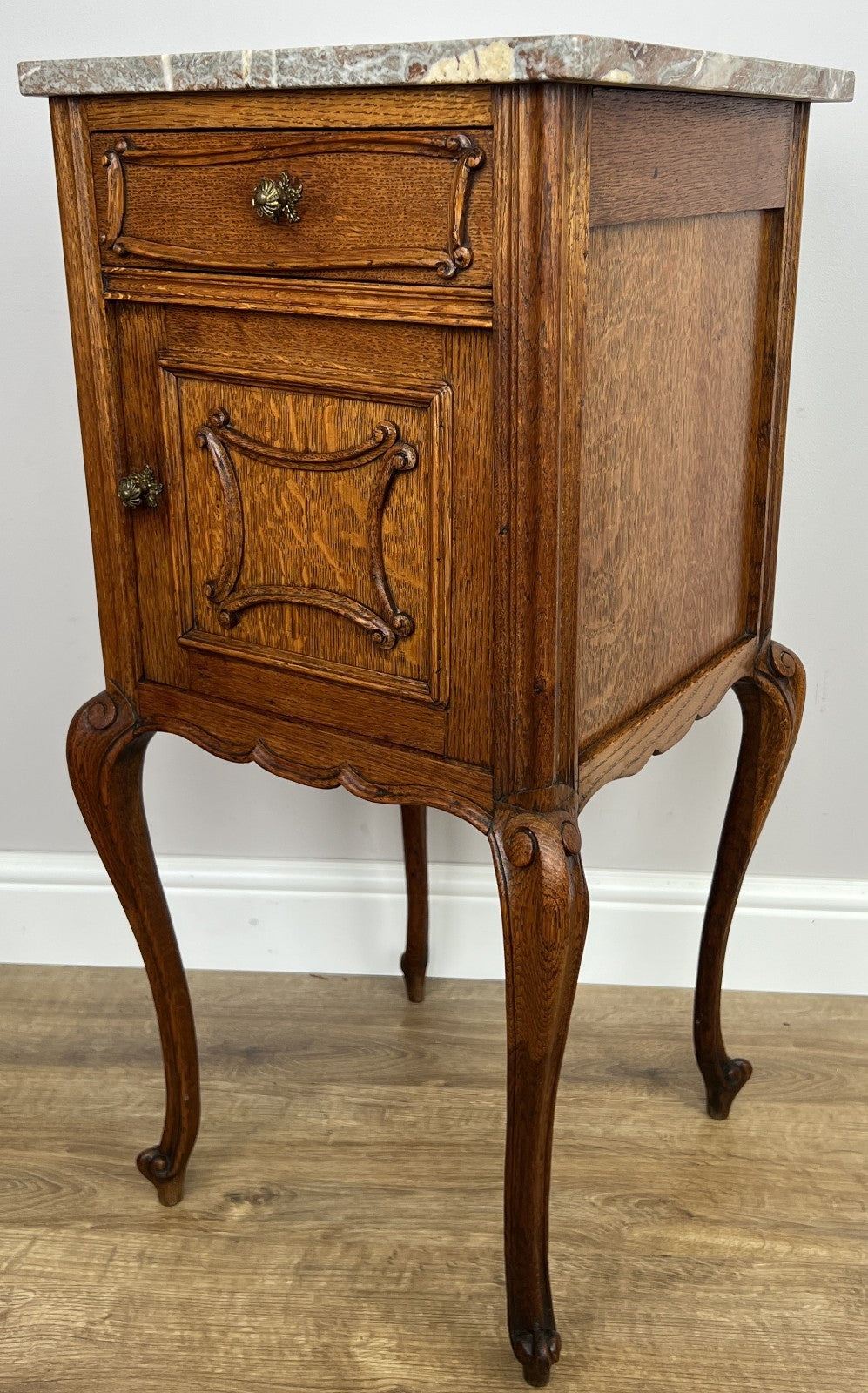 Bedside Table Antique French Marble Top Oak Cabinet Carved Cupboard LOT 63942