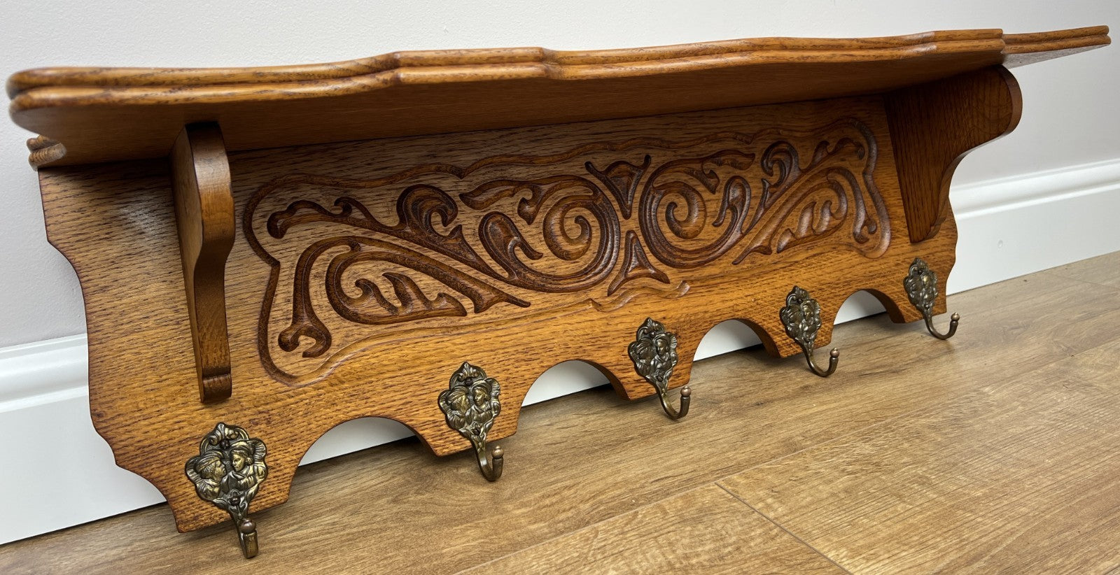French Vintage Coat Rack Oak 5 Hooks Wall Shelf Carved Coat Hanger LOT 49612