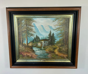 Painting Vintage Oil Painting Framed Lake Mountains Scene 73cm x 83cm LOT 50520