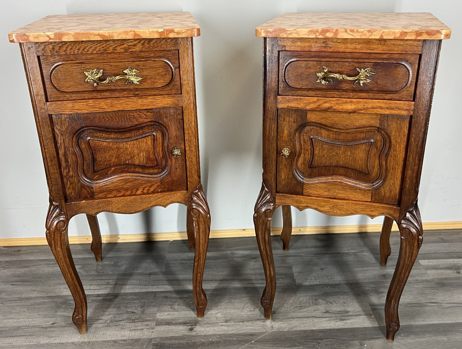 Pair of Bedside Tables Antique French Oak Marble Tops Carved Cabinets LOT 44391