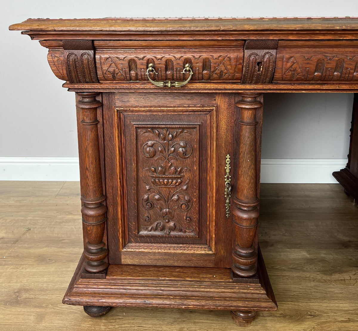 Desk Antique French Style Oak Double Sided Carved Pedestal Desk LOT 6514