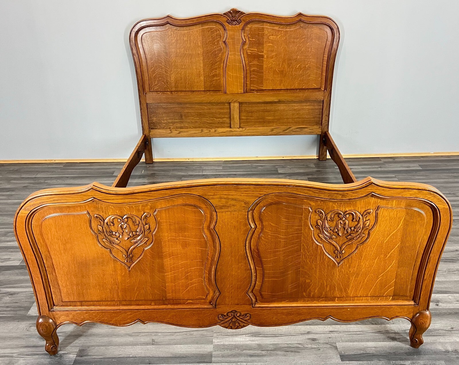 Bed Vintage French Louis XVI Oak Double Bed Frame Carved Headboard LOT 37910