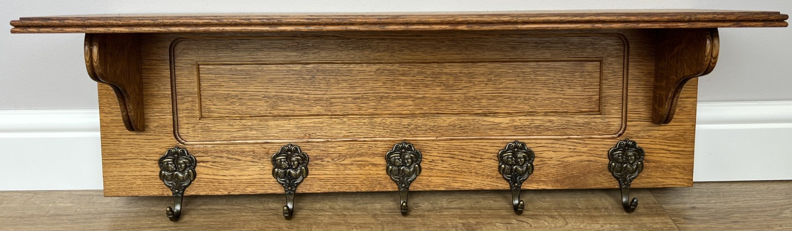 Coat Rack Vintage French Oak Wall Mounted 5 Hooks Carved Rack Hanger LOT 62032