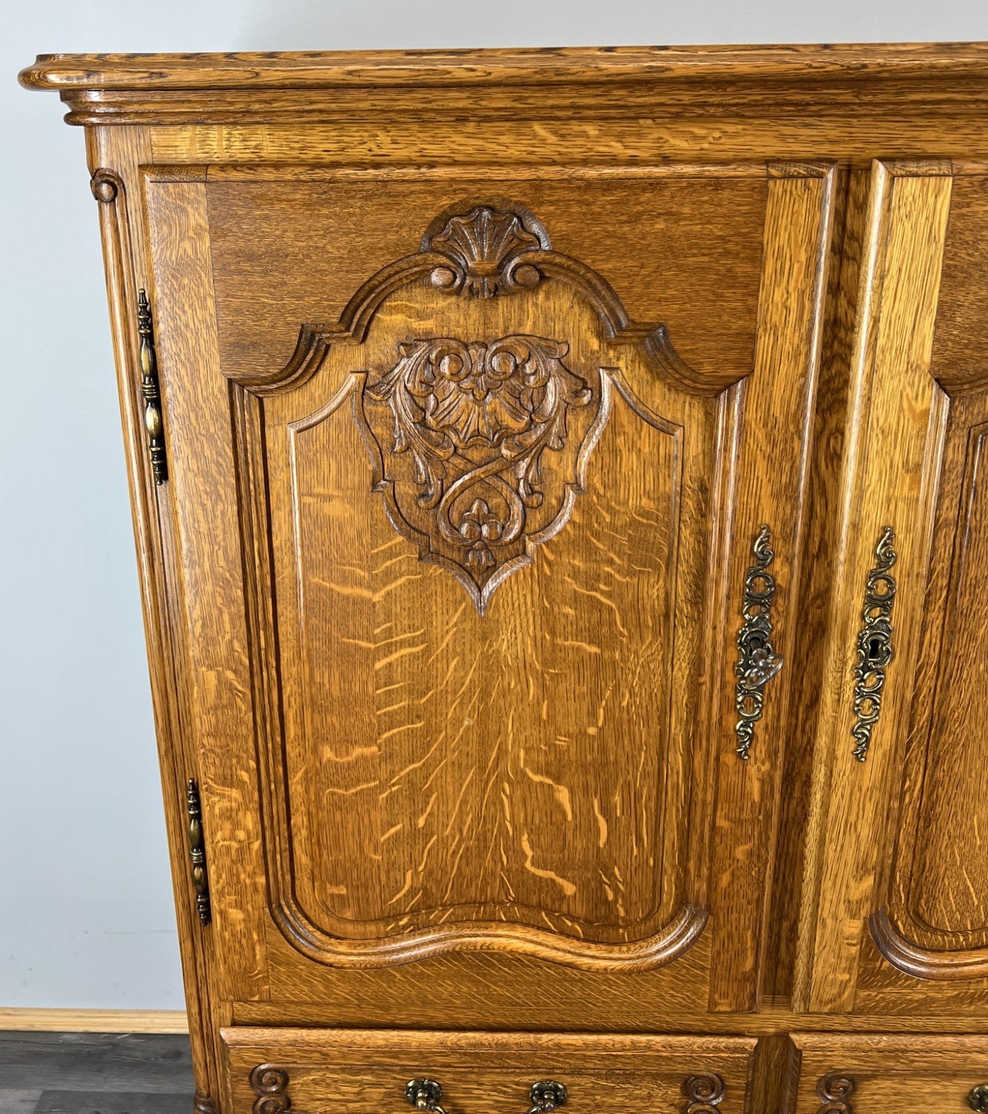 Cabinet Vintage French Louis XVI Oak Carved Cupboard with 2 Drawers LOT 44602