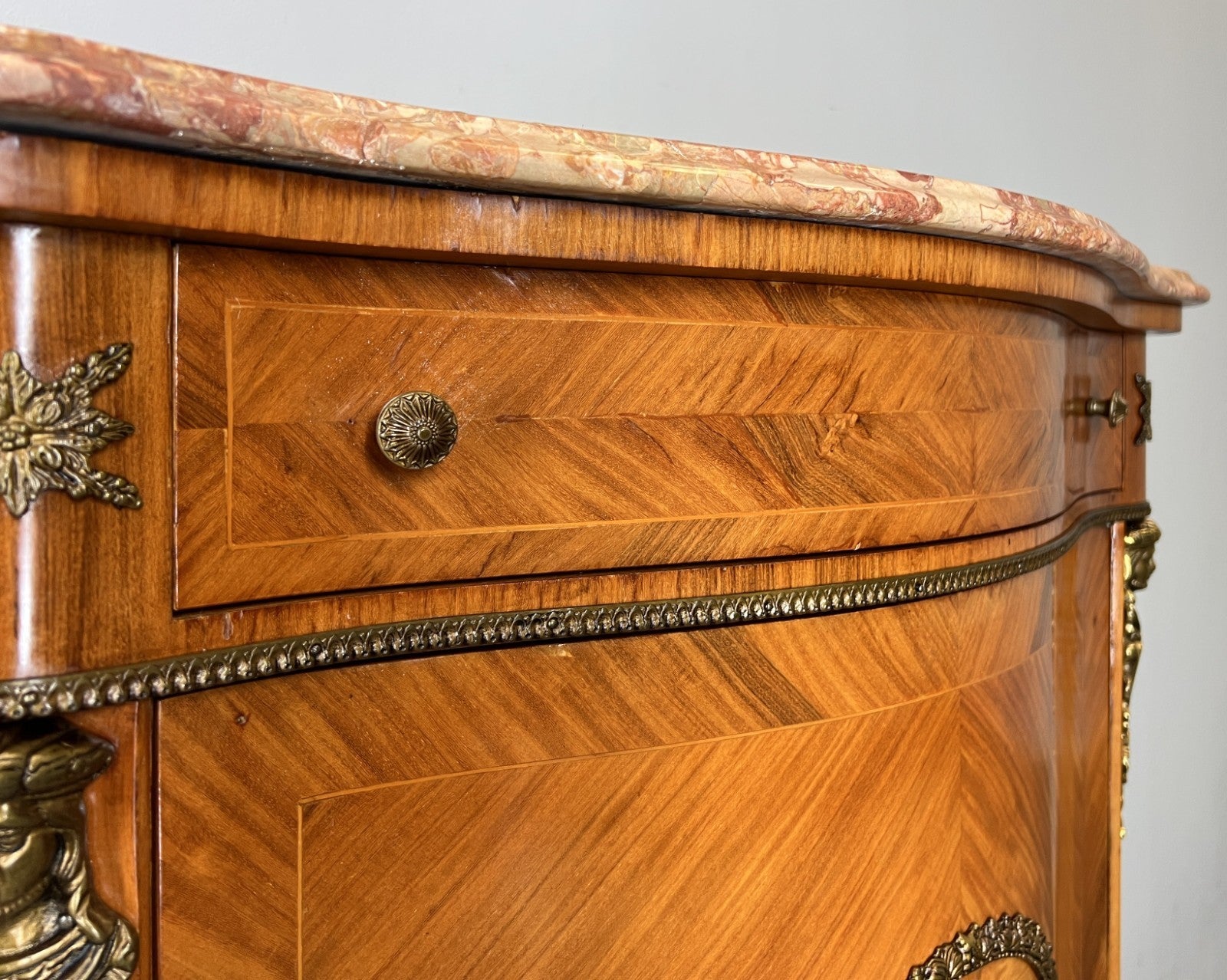 Cabinet Vintage French Marble Top Inlaid Sideboard with Brass Ormolu LOT 43318