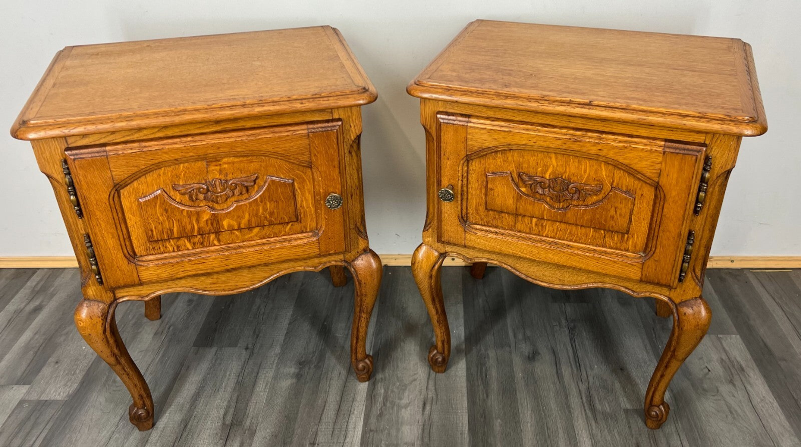 Pair of Bedside Tables Vintage French Oak Nightstands Carved Cabinets LOT 34650