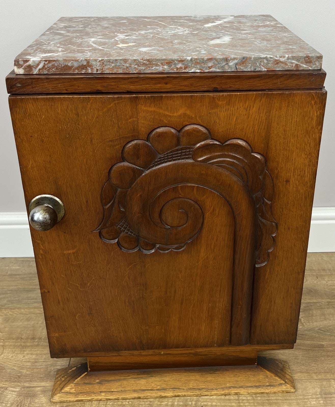 Bedside Table Antique French Art Deco Marble Top Oak Cabinet Nightstand LOT 62381