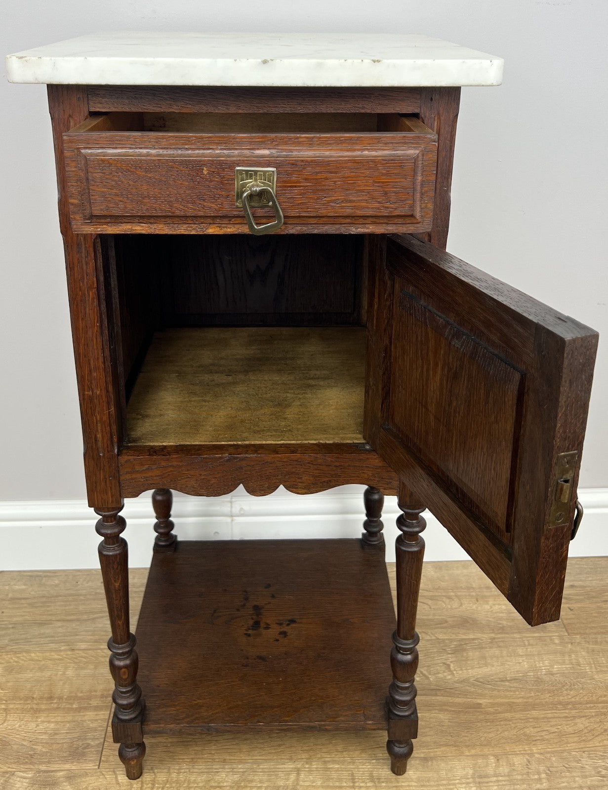 Bedside Table Antique French Style Marble Top Oak Cabinet Nightstand LOT 624611