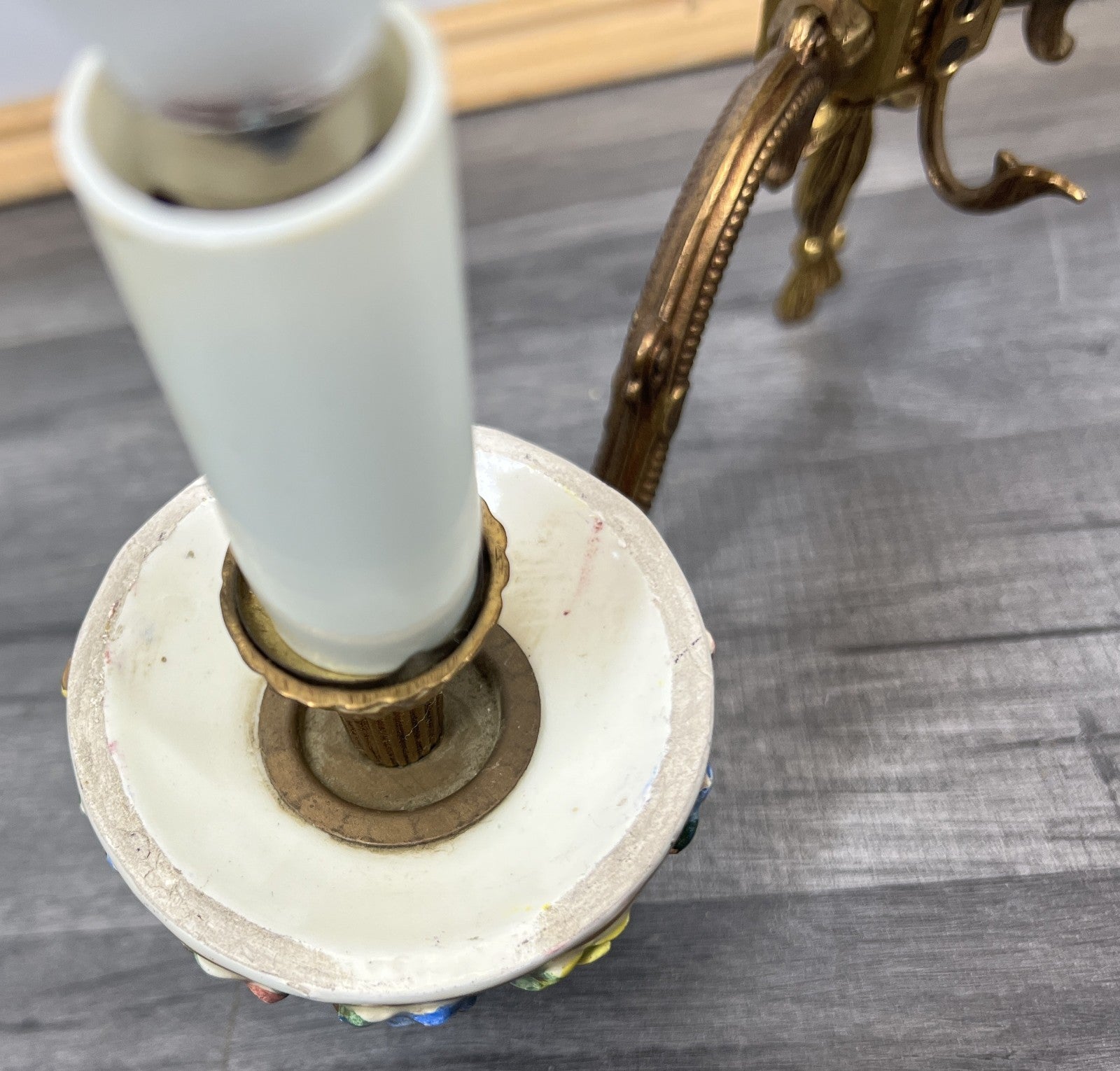 Pair of Wall Lights Vintage Spanish Porcelain Brass Floral Sconces LOT 441512