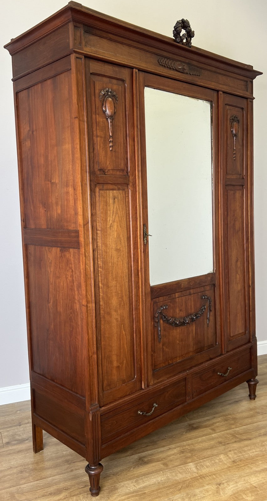 Wardrobe Antique French Walnut Two Door Mirrored Carved Armoire Cabinet LOT 608316
