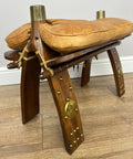 Footstool Vintage Style Oak Stool Brass Upholstered Leather Seat LOT 49575