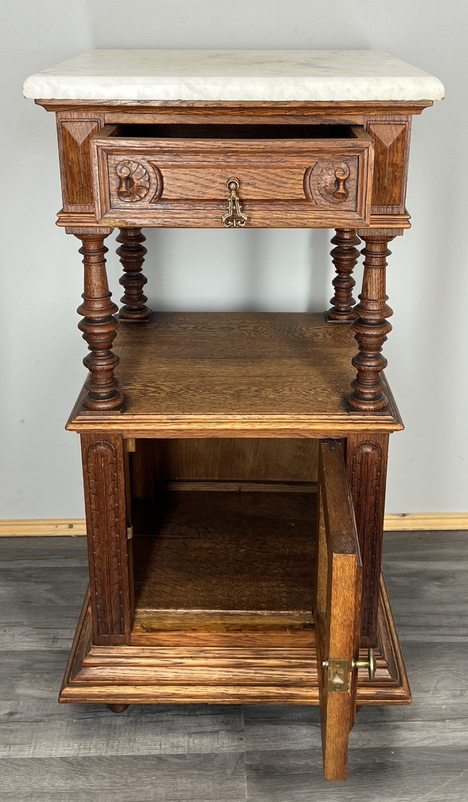 Pair of Bedside Tables Antique French Marble Top Oak Cabinets Carved LOT 43299