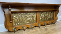 French Vintage Coat Rack Oak 7 Hooks Wall Shelf Brass Panel Coat Hanger LOT 49591