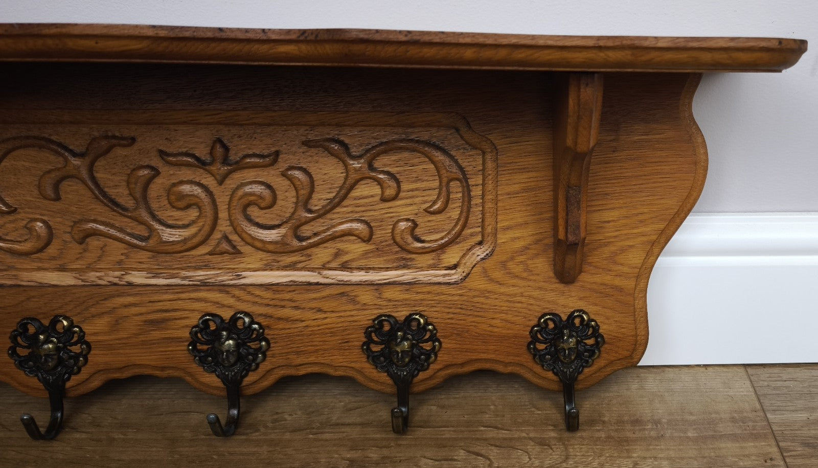 French Vintage Coat Rack Oak 5 Hooks Wall Shelf Carved Coat Hanger LOT 60054