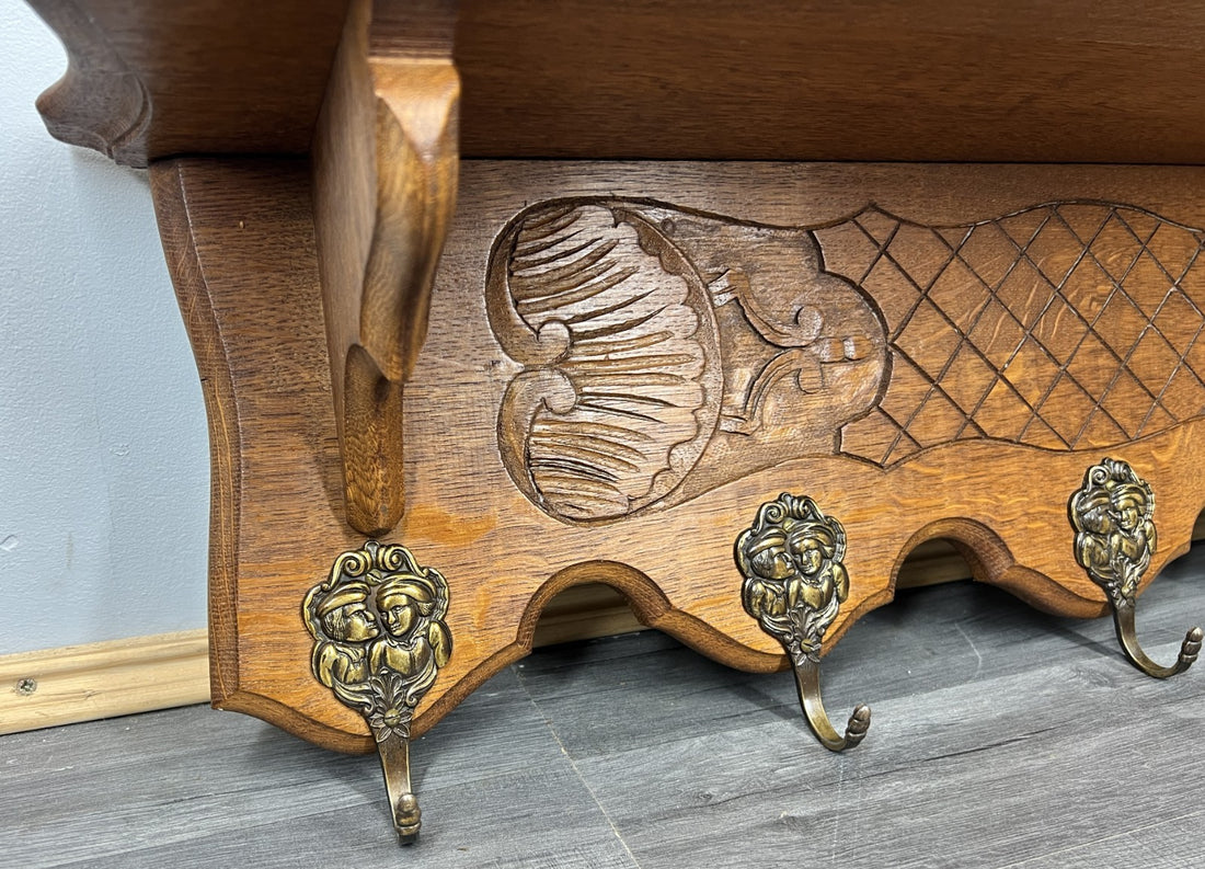 French Vintage Coat Rack Oak 5 Hooks Wall Shelf Carved Coat Hanger LOT 44360