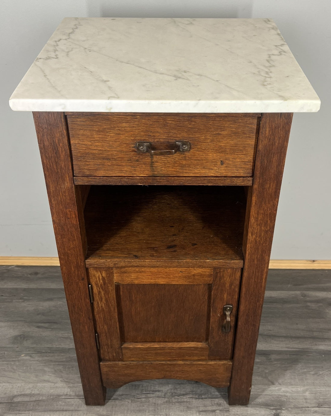 Bedside Table Antique French Style Oak with Marble Top Cabinet LOT 43390