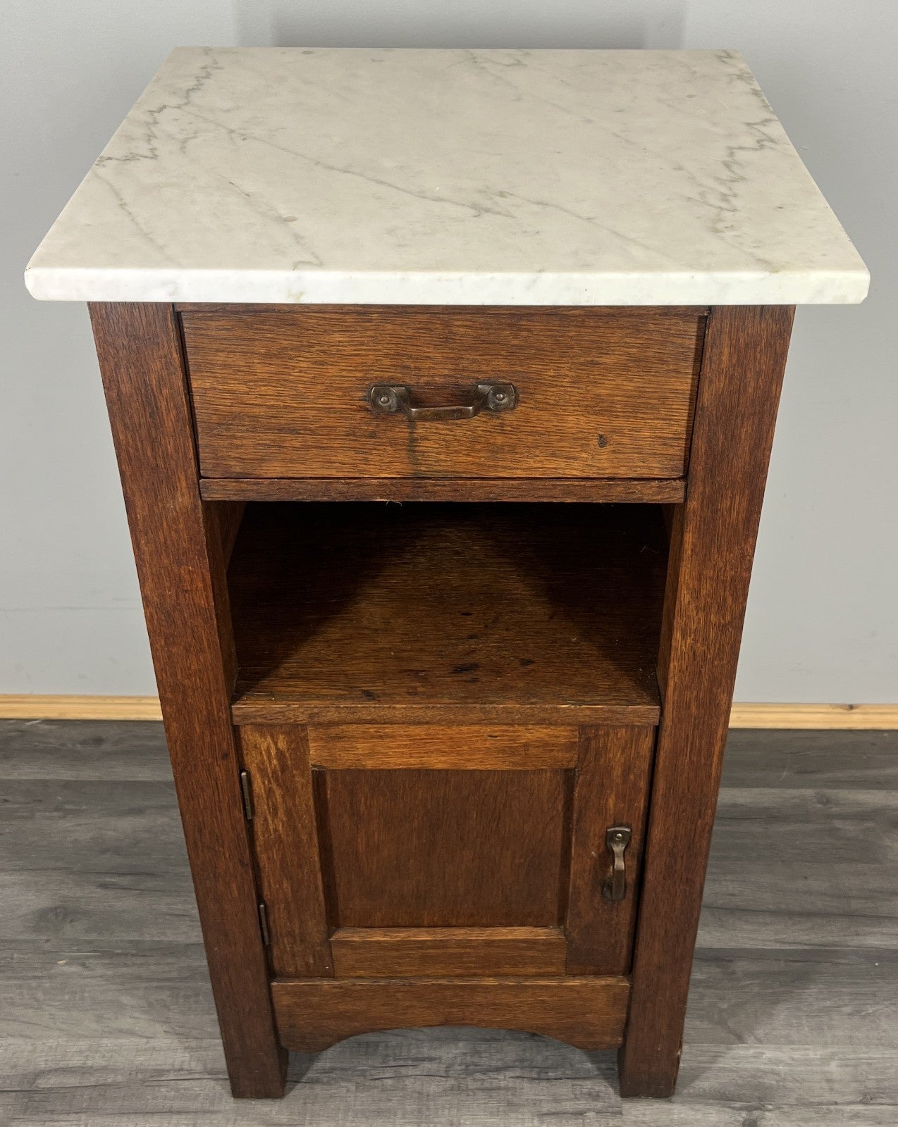 Bedside Table Antique French Style Oak with Marble Top Cabinet LOT 43390