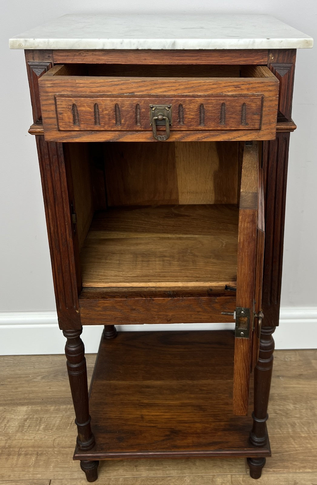 Bedside Table Antique French Oak Marble Top Cupboard Carved Cabinet LOT 60132