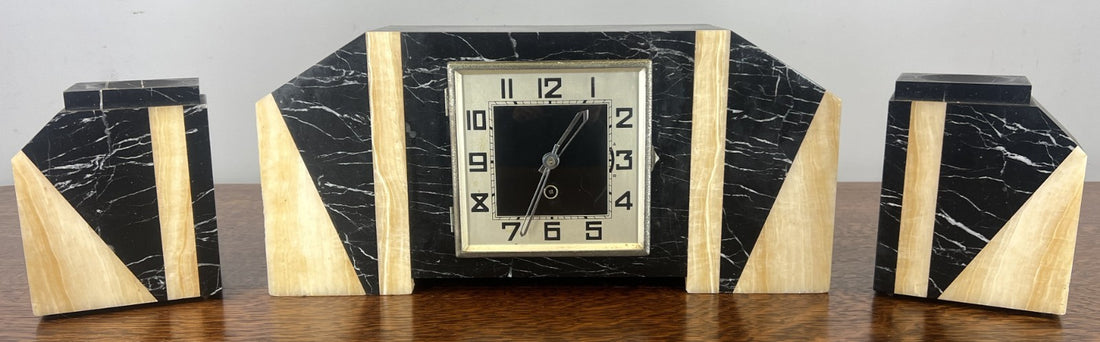 Clock Vintage French Style Art Deco Marble Mantel Clock Set LOT 47650