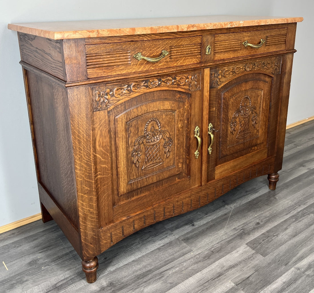 Cabinet Antique French Marble Top Oak Carved with Drawers Sideboard LOT 4070